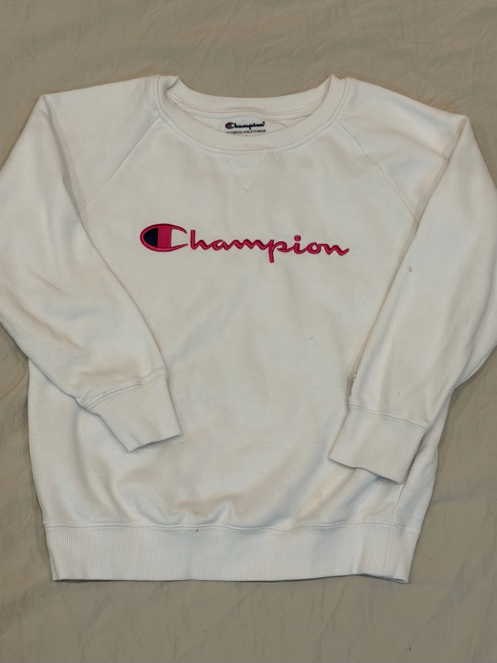 Champion White Crewneck Sweatshirt with Pink Logo Embroidery